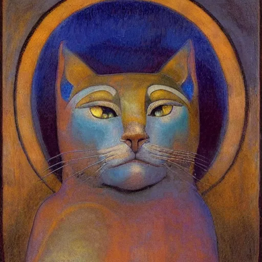 Prompt: ancient polychrome sculpture of a sacred cat head, by annie swynnerton and diego rivera and nicholas roerich and jean delville, symbolist, dramatic lighting, god rays, elaborate geometric ornament, art brut, rich colors, smooth sharp focus, extremely detailed, adolf wolfli