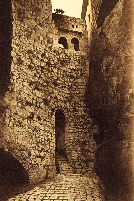 Prompt: a dark cave in the middle of an ordinary city, trogir golden hour 1 9 0 0 s photograph