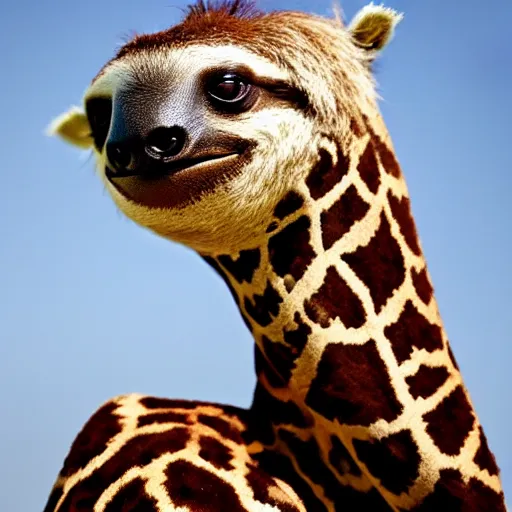 Image similar to happy sloth giraffe hybrid, bold natural colors, national geographic photography, masterpiece, full shot