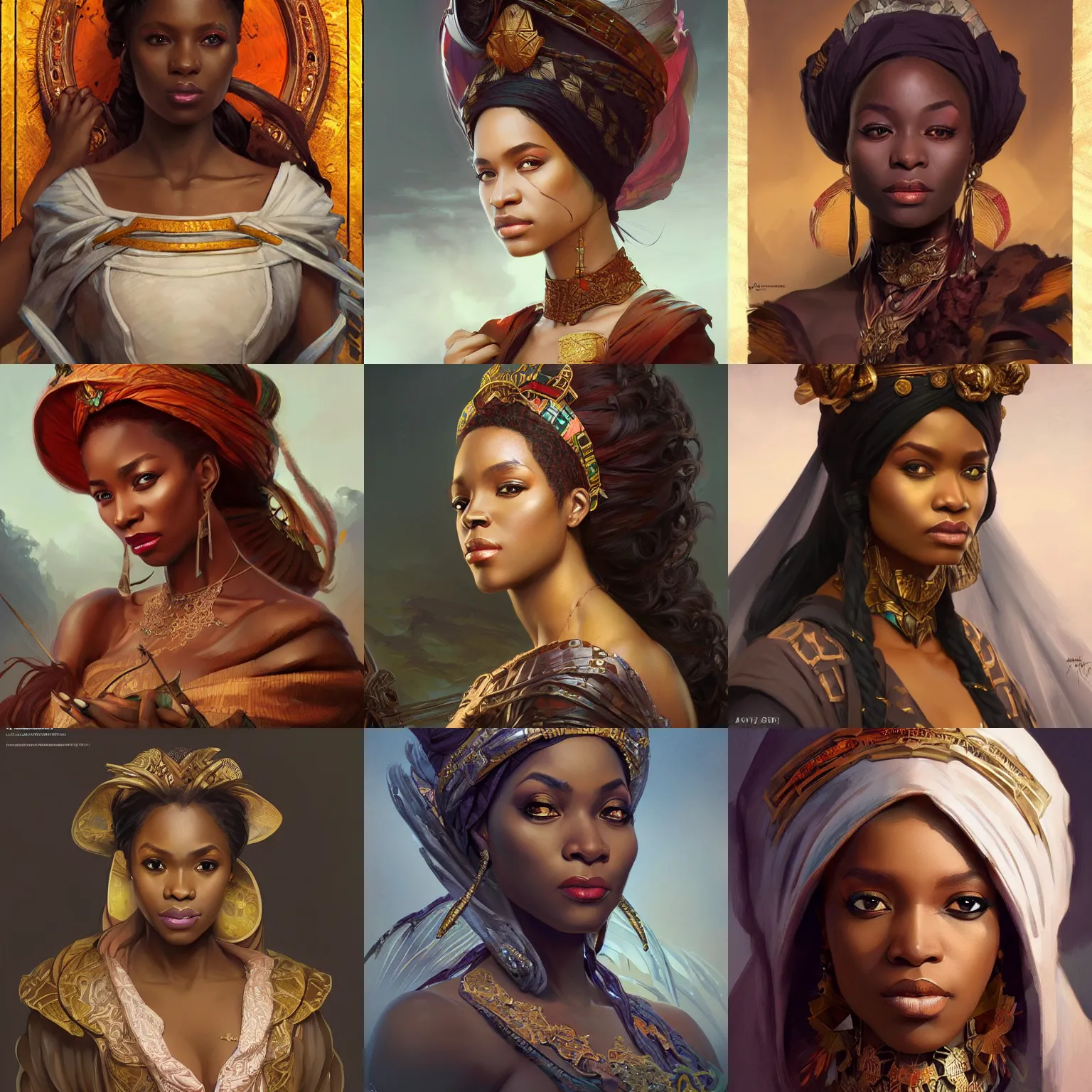 Prompt: nigerian queen, D&D, painted fantasy character portrait, highly detailed, digital painting, artstation, concept art, sharp focus, illustration, art by artgerm and greg rutkowski and alphonse mucha