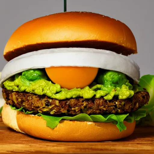 Image similar to vegan hamburger with guacamole and crispy fried onion and fried egg toppings, crispy buns, 8 k resolution, studio lighting, sharp focus, hyper - detailed