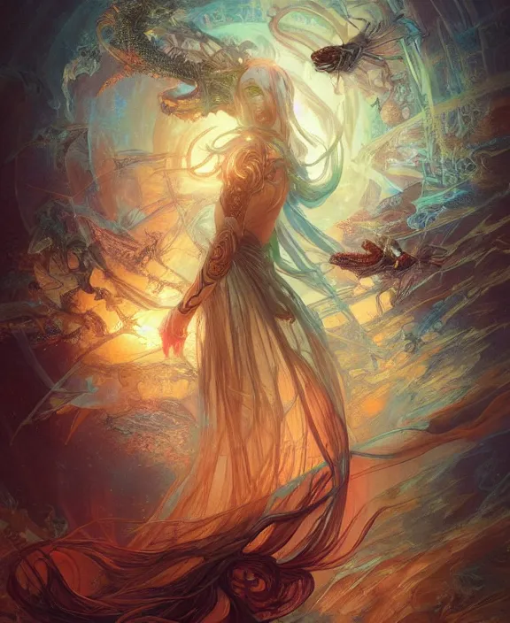 Prompt: a whirlwind of souls rushing inside the metaverse, half body, glowin eyes, insect, lizard, d & d, fantasy, intricate, elegant, highly detailed, colorful, vivid color, digital painting, artstation, concept art, art by artgerm and greg rutkowski and alphonse mucha and ruan jia