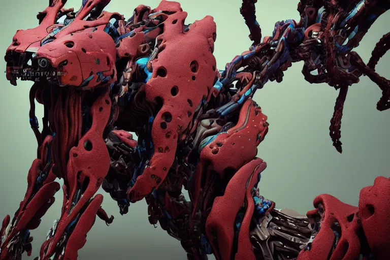 Image similar to portrait of a posed hyper detailed complex, plowhorn evangelion realistic mechanical and fleshy organic creature similar look as horizon forbidden west horizon zero dawn bioluminiscence in a dark deep forest at dawn in spring, with reflection and textures, by kilian eng, substance painter reaslitic mech surface metal painted scratches