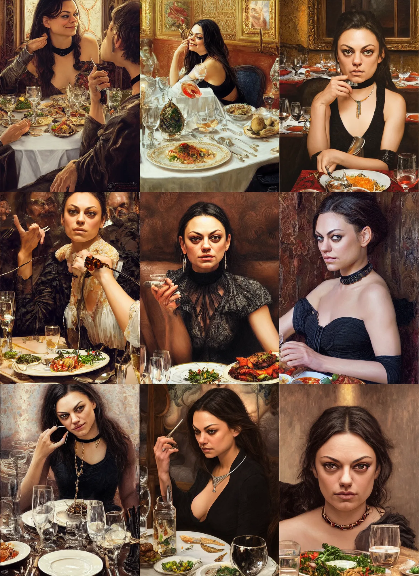 Image similar to dinner with mila kunis laughing sitting across the camera wearing a black choker staring into the camera in an expensive restaurant, point of view, intricate, elegant, tasteful, highly detailed, shallow depth of field, artgerm, donato giancola, joseph christian leyendecker