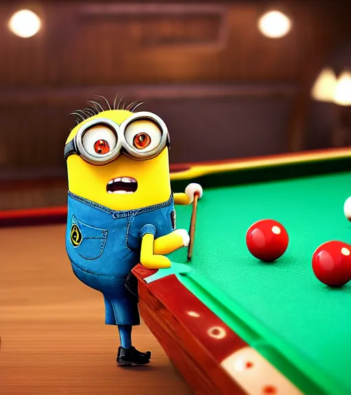 Prompt: very beautiful portrait of an extremely cute and adorable minion playing pool, smooth, perfect face, fantasy, character design by mark ryden and pixar and hayao miyazaki, sharp focus, concept art, harvest fall vibrancy, intricate detail, cinematic lighting, hyperrealistic, 3 5 mm, diorama macro photography, 8 k, 4 k