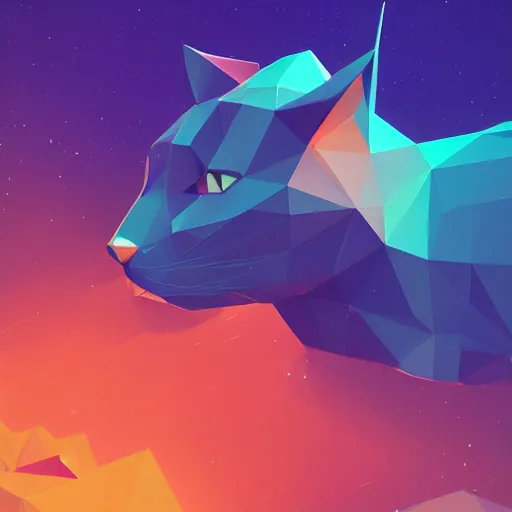 Image similar to low poly cat by beeple, artstation, teal and orange color scheme, flowers, No Man's sky anton fadeev asher brown durand 8k resolution, beautiful at night, zodiac signs in the stars