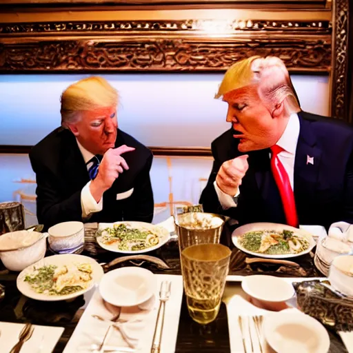 Image similar to donald Trump and joe Biden having dinner at a fancy Balinese restaurant, award winning photography, 85mm, perfect faces