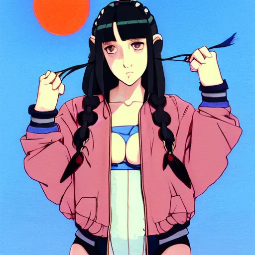 Image similar to a beautiful boyish kat dennings alluring gravure model, wearing oversized mayan bomber jacket and leotard with overalls, bulky poofy aztec native style bomber jacket with mayan patterns, gapmoe yandere grimdark, trending on pixiv fanbox, painted by greg rutkowski makoto shinkai takashi takeuchi studio ghibli, akihiko yoshida