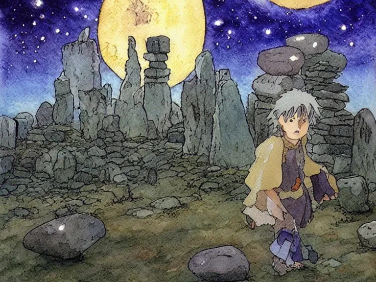 Image similar to a simple watercolor studio ghibli movie still fantasy concept art of a giant wizard playing with stones like they are toys in a tiny stonehenge. it is a misty starry night. by rebecca guay, michael kaluta, charles vess