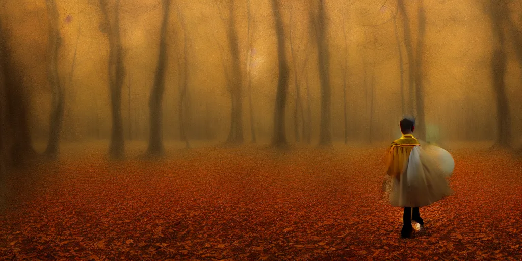 Prompt: a girl in an autumn forest, yellow and red tones, by Aron Wiesenfeld, wolf, cinematic, detailed illustration, nature, fog, dark colors, suspense, intricate, 8k