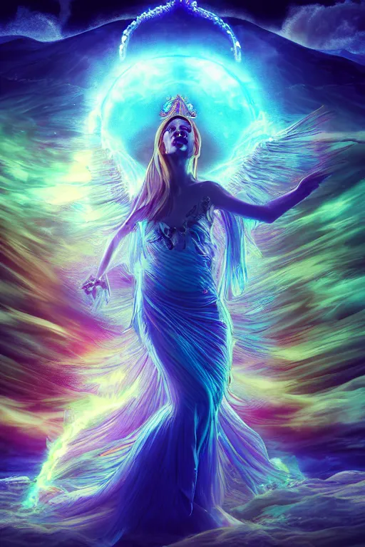 Image similar to overdetailed maximalist fullbody portrait of a beautiful female energy being transcending to her true form while floating over a surreal landscape. Made by oozium. Artstation. Deviantart 8k 3d realistic render. Bright, sacred, spiritual, dawn, backlit, calm, relaxed, dynamic, ethereal, arcane, intricate, mysterious, dramatic, cinematic. Photorealistic render. Morning lights. Seen from below.