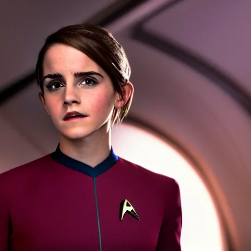 Image similar to Emma Watson in Star Trek, XF IQ4, f/1.4, ISO 200, 1/160s, 8K, Sense of Depth, color and contrast corrected, NVIDIA NGX, Dolby Vision, symmetrical balance, in-frame