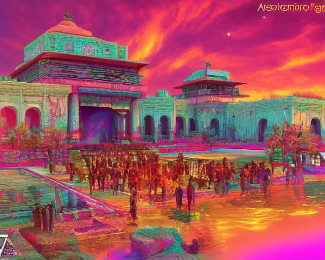 Image similar to ancient indian structure, retrowave epic art, trending on art station