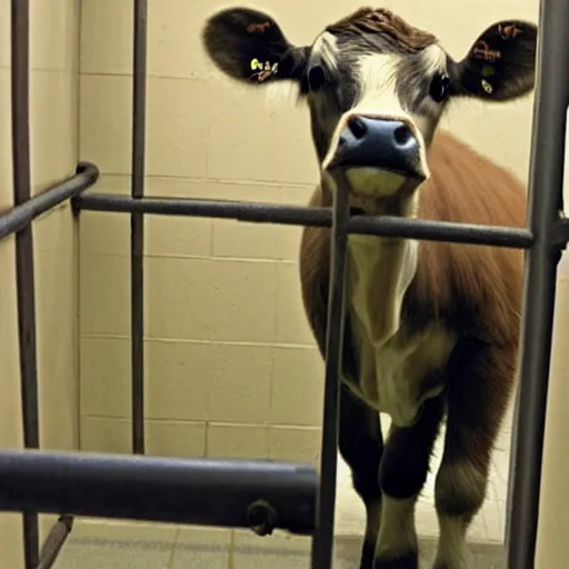 Image similar to jailphoto of a cute calf dressed as an inmate inside jail