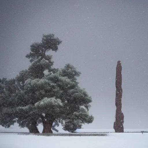 Image similar to a taiga with a large monolith hovering above it. overcast sky, snowing.