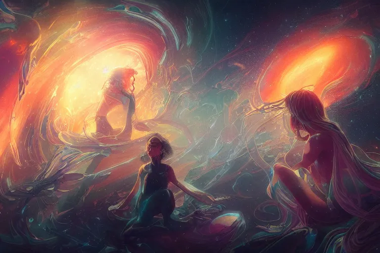 Image similar to transparent ghostly people in a nebula of sound, arcs of fiery neon light, swirling mystical particles and glowing musical notes floating, beautiful, intricate, highly detailed concept art by artgerm and greg rutkowski and android jones