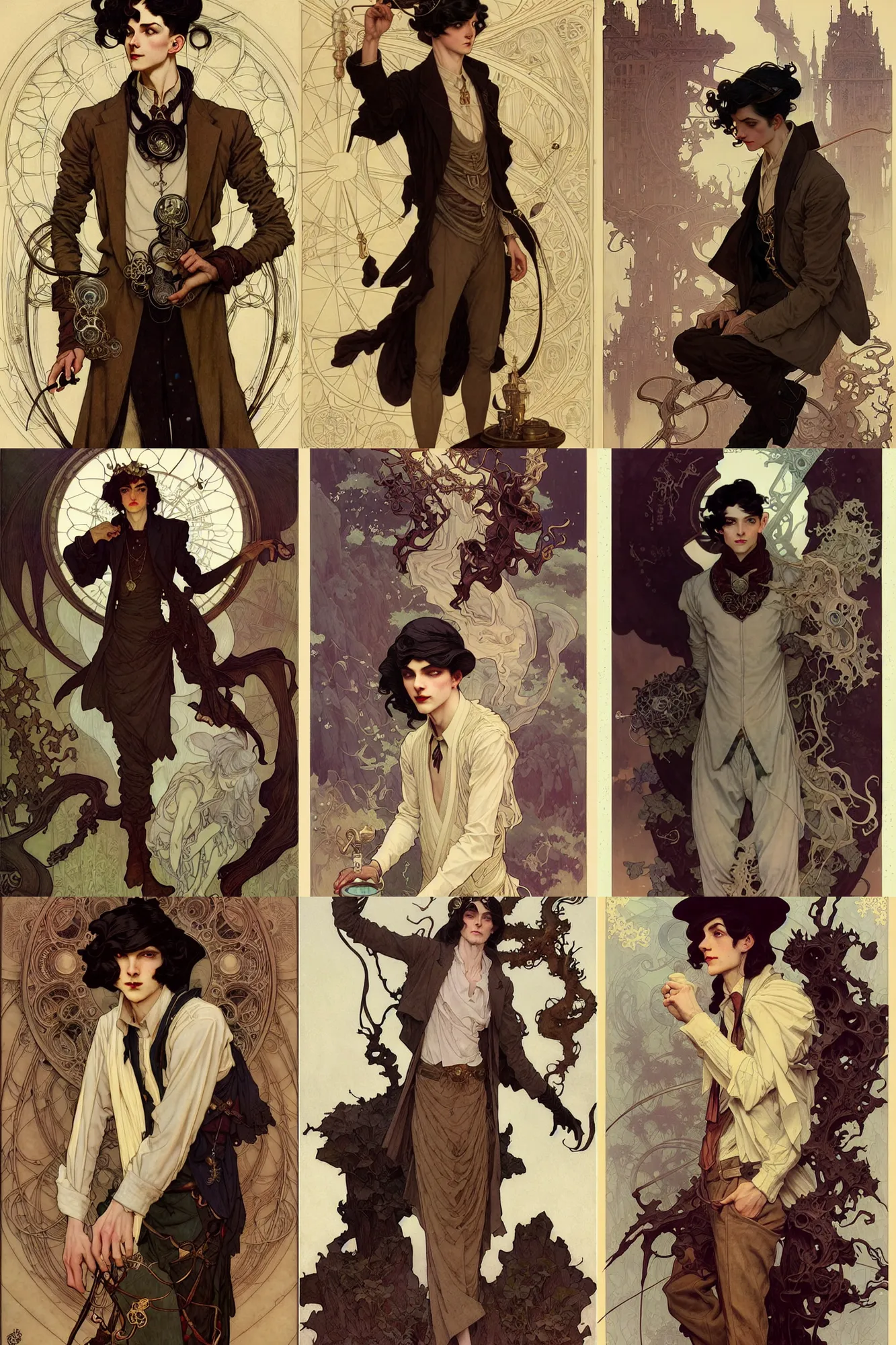 Prompt: thin young male alchemist, long dark hair, 1 9 2 0 s fashion, fantasy, elegant, highly detailed, intricate, smooth, art by joseph leyendecker, peter mohrbacher, ruan jia, marc simonetti, ayami kojima, cedric peyravernay, alphonse mucha, victo ngai