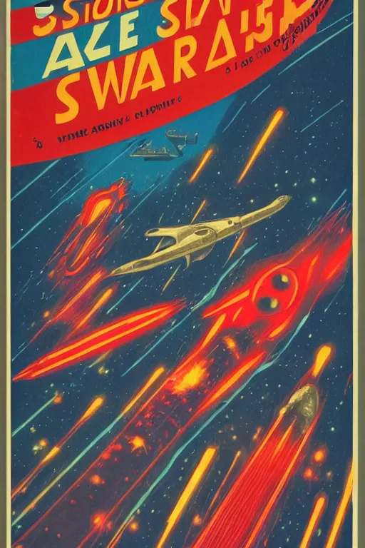 Prompt: vintage sci-fi book cover, depicting a space war, warm azure tones, highlights, laser beams, color bleed, film grain