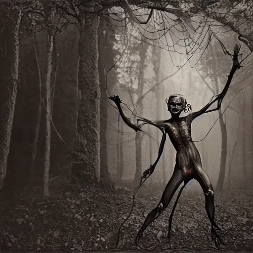 Image similar to 1860 photo of an old freak show body spider-woman, on the middle of a forest, spooky , veins, arteries, intricate, golden ratio, full frame, elegant, highly detailed, ornate, ornament, sculpture, elegant , luxury, beautifully lit, ray trace, 3d, PBR