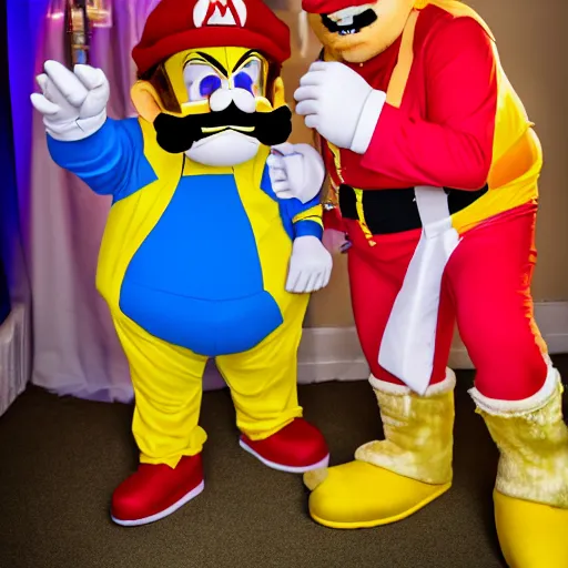 Prompt: Ultra HD photo of a Wario-themed wedding, bride and groom dressed as Wario and Waliuigi, all guests dressed up as Mario characters, award winning wedding photography, 8k resolution, extremely realistic