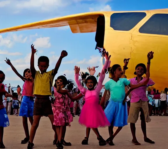 Prompt: photo of a group of children dancing infront of a big golden plane on cuba