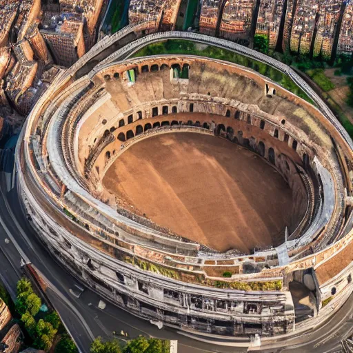 Prompt: the roman colosseum designed by zaha hadid, overhead view, golden hour, 4K Photograph