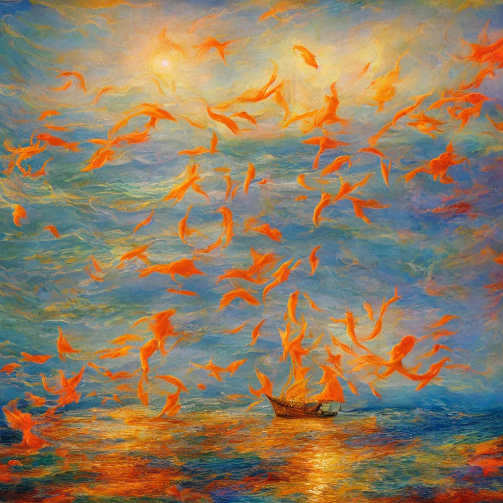 Prompt: 3d high relief painting of sea like jelly,Rainbow clouds like goldfish floating lightly in the air, Sailing ship,dreamy, soft , highly detailed, expressive impressionist style,in the style of William Schneider