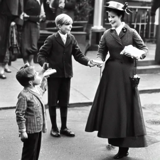 Prompt: Mary Poppins (played by Julie Andrews) handing children cigarettes and a zippo lighter, colorized