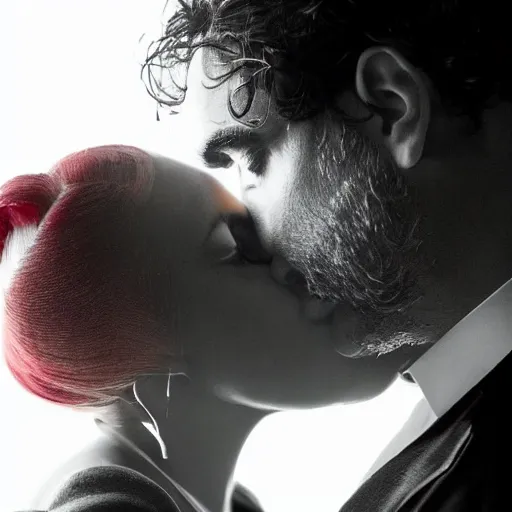 Prompt: detailed conceptual photography lady gaga kissin joaquin phoenix / dramatically / sharp focus / model / yellow lighting / red beam / rendered / center of interest