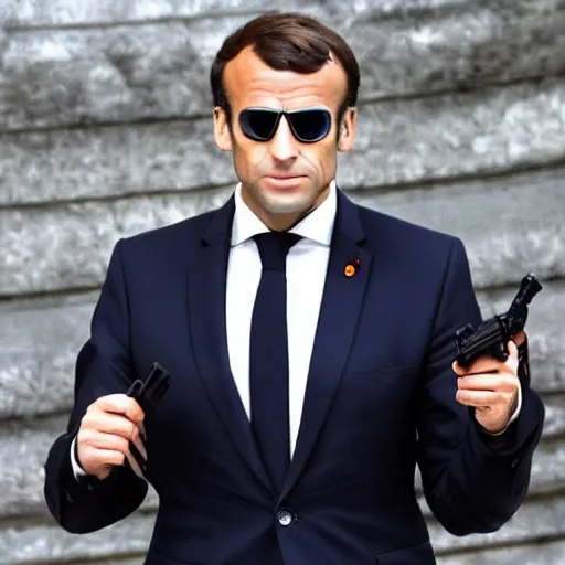 Prompt: emmanuel macron with a gun and shades in the matrix movie, full body shot, highly - detailed, sharp focus, award - winning