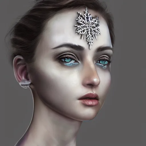 Image similar to ice face fractal jewellery portrait of a woman, inspired by mandy jurgens, fractal crown, light make up, 4 k, high detailed, illustration