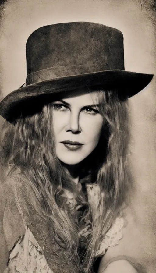 Prompt: Young Nicole Kidman, cowgirl, outlaw, portrait, full body, beautiful face, cute, no long neck, no long anatomy, symmetrical features, silver iodide, 1880 photograph, sepia tone, aged paper, Sergio Leone, Master Prime lenses, cinematic