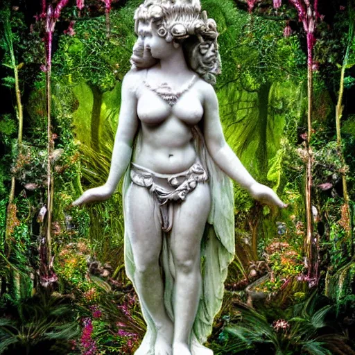 Image similar to an idealistic marble statue with fractal flowery hair in a fractal garden, glowing delicate flower and mushrooms that grow in a dark fatansy forest on the planet pandora,, symmetrical,