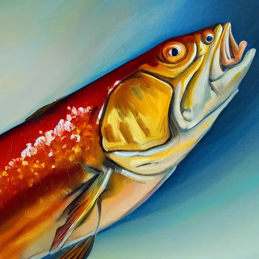 Prompt: a detailed oil painting of a fish above a chocolate bar