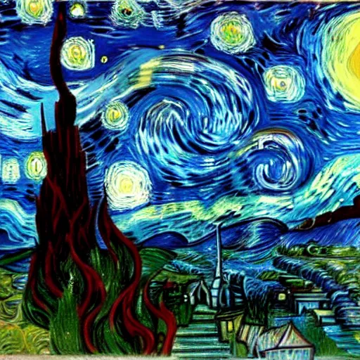 Image similar to painting of alien invasion apocalypse by Vincent Van Gogh