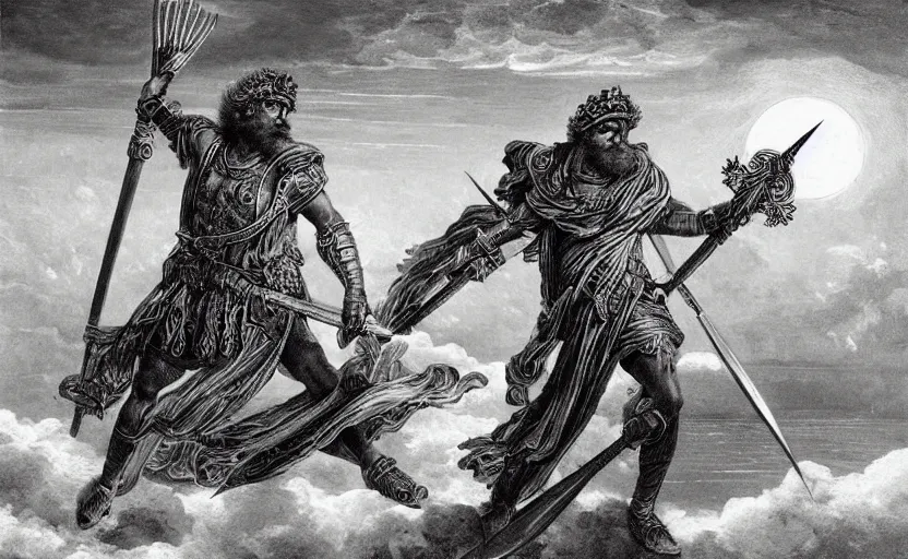 Image similar to highly detailed and cinematic romantic the great greek warrior with a spear piercing the edge of the universe from the book of the long sun by gene wolfe, highly detailed painting by gustave dore