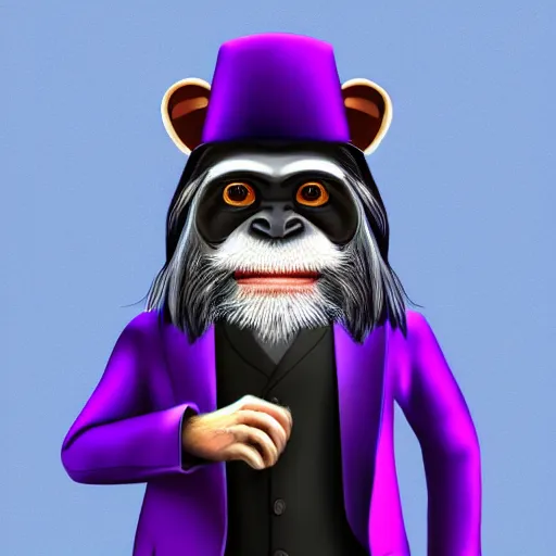 Prompt: digital illustration of a distinguised emperor tamarin monkey wearing a purple suit and a silly hat, deviantArt, artstation, artstation hq, hd, 4k resolution