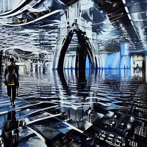 Image similar to digital sci-fi oily gloss reflection airport architecture motherboard cpu in liquid and oil on the coronation of napoleon painting, on moon with medium size woman walking with black background. unreal engine 5, keyshot, octane, artstation trending, by Zaha Hadid style architecture, by Matrix film color, high contrast pinterest black plastic, dark atmosphere pinterest tilt shift, 4k, 8k, 16k.