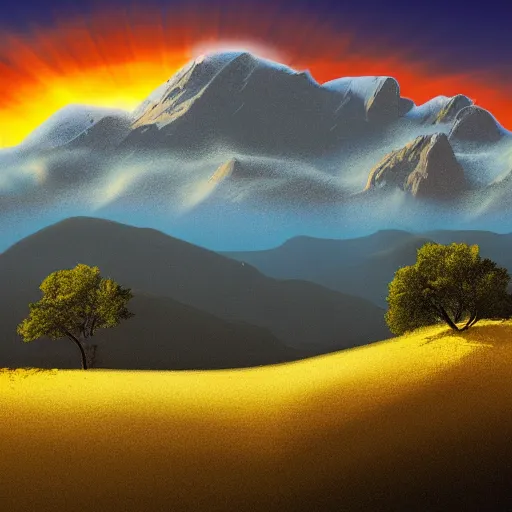 Image similar to man with a black cape on a hill mountains in background sunrise, realistic, detailed