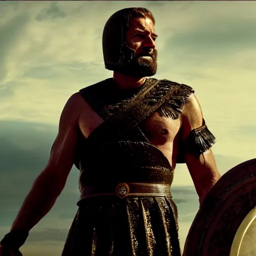 Image similar to cinematic film still of joe biden! as leonidas in 3 0 0 movie, 8 k, epic moody sky, dramatic lighting