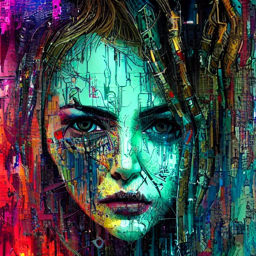 Prompt: a portrait of a character in a scenic environment by carne griffiths, hyperdetailed, cyberpunk, cybernetically augmented, cool, trending on artstation