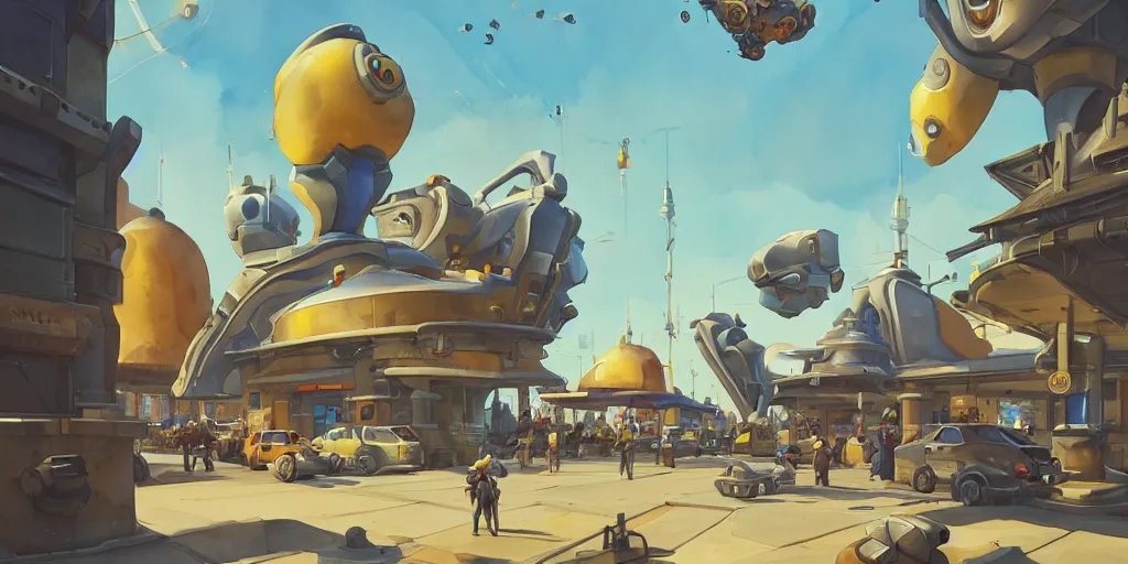 Image similar to overwatch building, stylized, exterior, architecture, in watercolor gouache detailed paintings, insanely detail, artstation, 8 k, futuristic, big medium small, arcane, simon stalenhag, food stall, interesting shapes & form, golden ratio, megastructures, vitaly bulgarov, mall