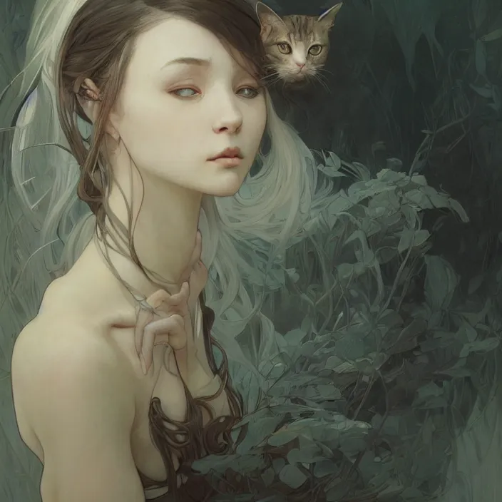 Prompt: A portrait of A cat girl by Ross Tran!!! and alphonse mucha and greg rutkowski! and gustav doré! and Zdzisław Beksiński!,In style of digital art illustration.Symmetry.Highly detailed face.Fantasy,smooth,hyper detailed,sharp focus,Soft light.trending on artstation.4k