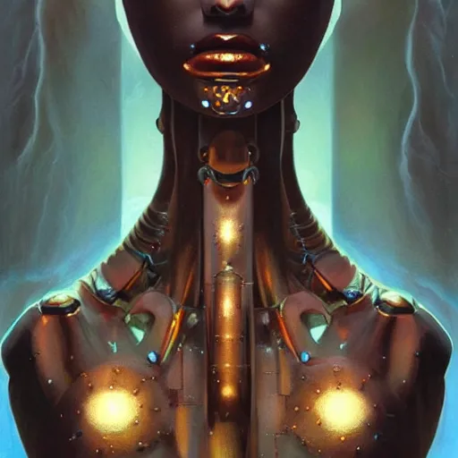 Prompt: hyper realistic close up portrait of a six - armed robot goddess holding geometric shapes, monochromatic body against a blue background. painting by greg rutkowski, scott m fischer, argerm, anne stokes, alexandros pyromallis