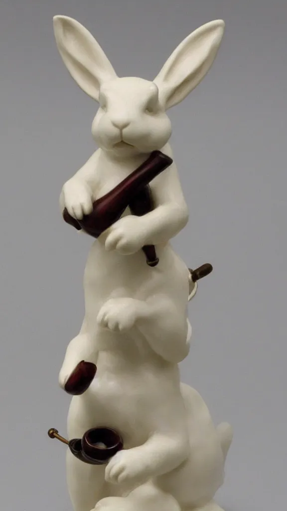 Prompt: a porcelain rabbit statue with a japanese kiseru pipe painted by john singer sargent