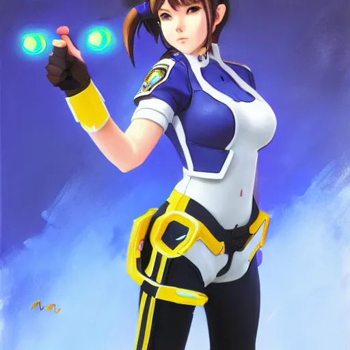 Image similar to Nerf This! D.VA from Overwatch wearing a police uniform, holding handcuffs in one hand Blizzard Concept Art Studio Ghibli. oil paint. 4k. by brom.