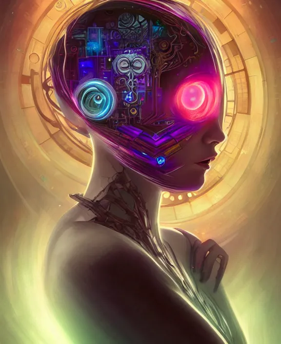 Image similar to a whirlwind of souls rushing inside the metaverse, half body, glowin eyes, tiara, pharaoh, android, cyborg, cyberpunk face, by loish, d & d, fantasy, intricate, elegant, highly detailed, colorful, vivid color, digital painting, artstation, concept art, art by artgerm and greg rutkowski and alphonse mucha