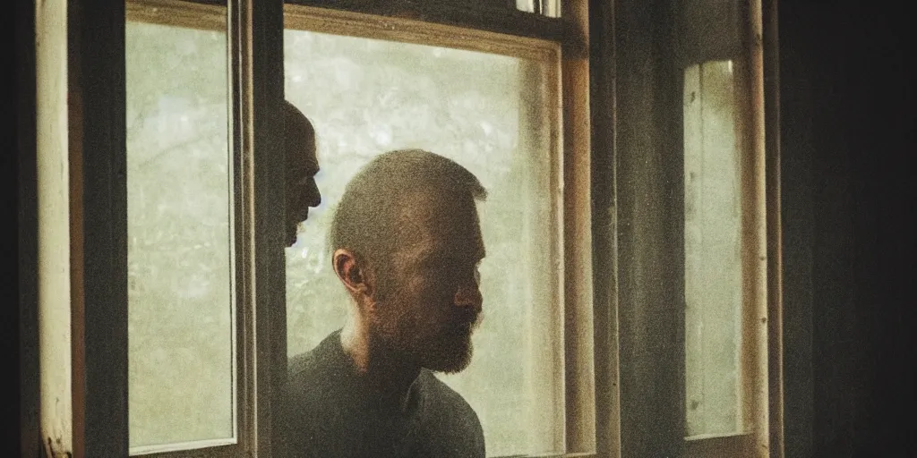 Prompt: detailed analog medium format photo, perspective of man looking through window while some sinister entity watches him from outside in distance, artwork by max verehin haze, high production value, intricate details, 8 k resolution, hyperrealistic, hdr, photorealistic, high definition, tehnicolor, award - winning photography, masterpiece, amazing colors, trending on artstation