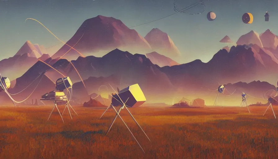 Prompt: space antennas, sun in the sky, early morning, open field, mountains in the background, hexagon blocking the sun, simon stalenhag, art deco painting