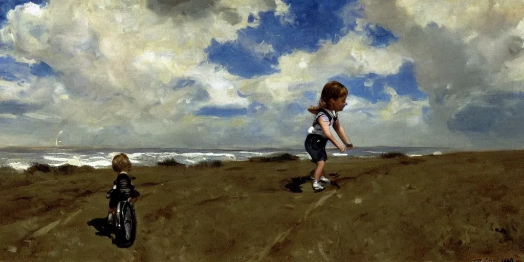 Prompt: A little girl pushing her bike along the coast, watching a rocket launch in the distance as it lifts off through the clouds, by John Singer Sargent